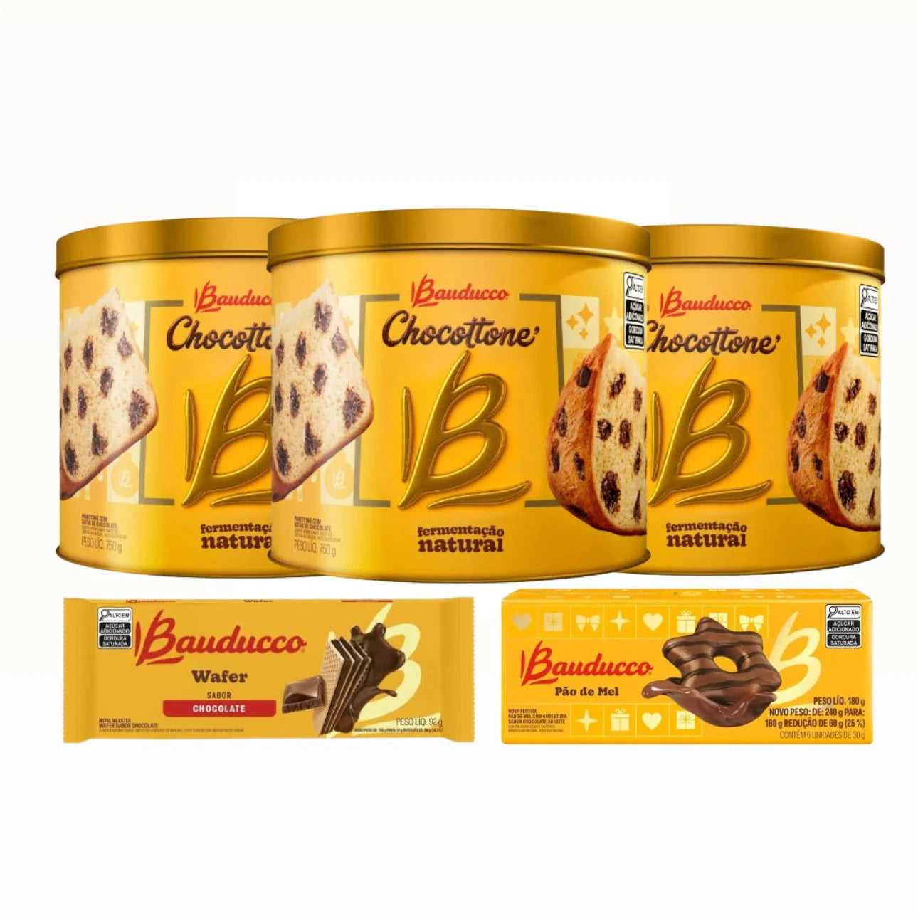 Kit 3 Chocotones 750g Lata + 6 Wafer + 6 Pão de Mel